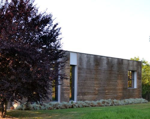 Bâtiment rectangulaire moderne avec une grande fenêtre, une façade en briques et un arbre à feuilles rouges au premier plan.