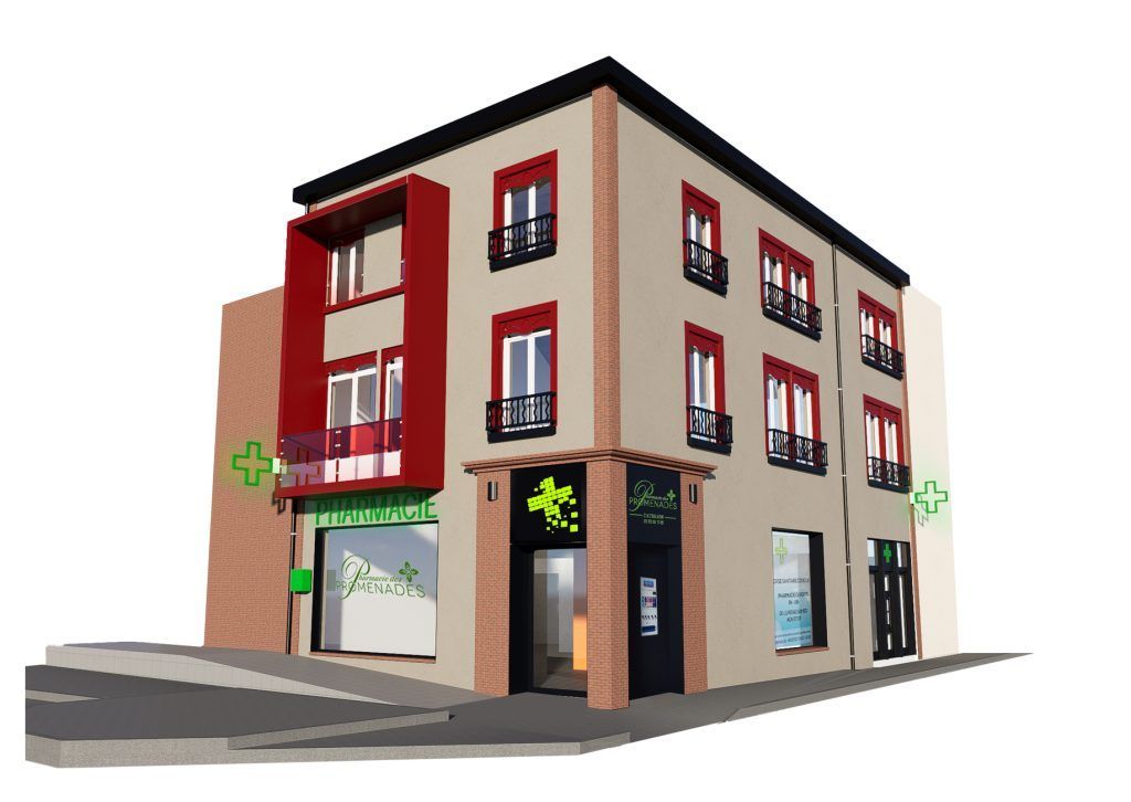 Immeuble de trois étages abritant une pharmacie. Murs beiges, encadrements de fenêtres rouges, emblèmes verts de la pharmacie. Vue de la rue.