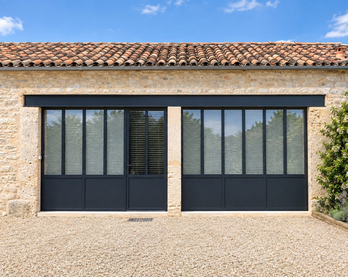Façade en pierre du Quercy avec grandes portes-fenêtres noires sous un toit traditionnel en tuiles