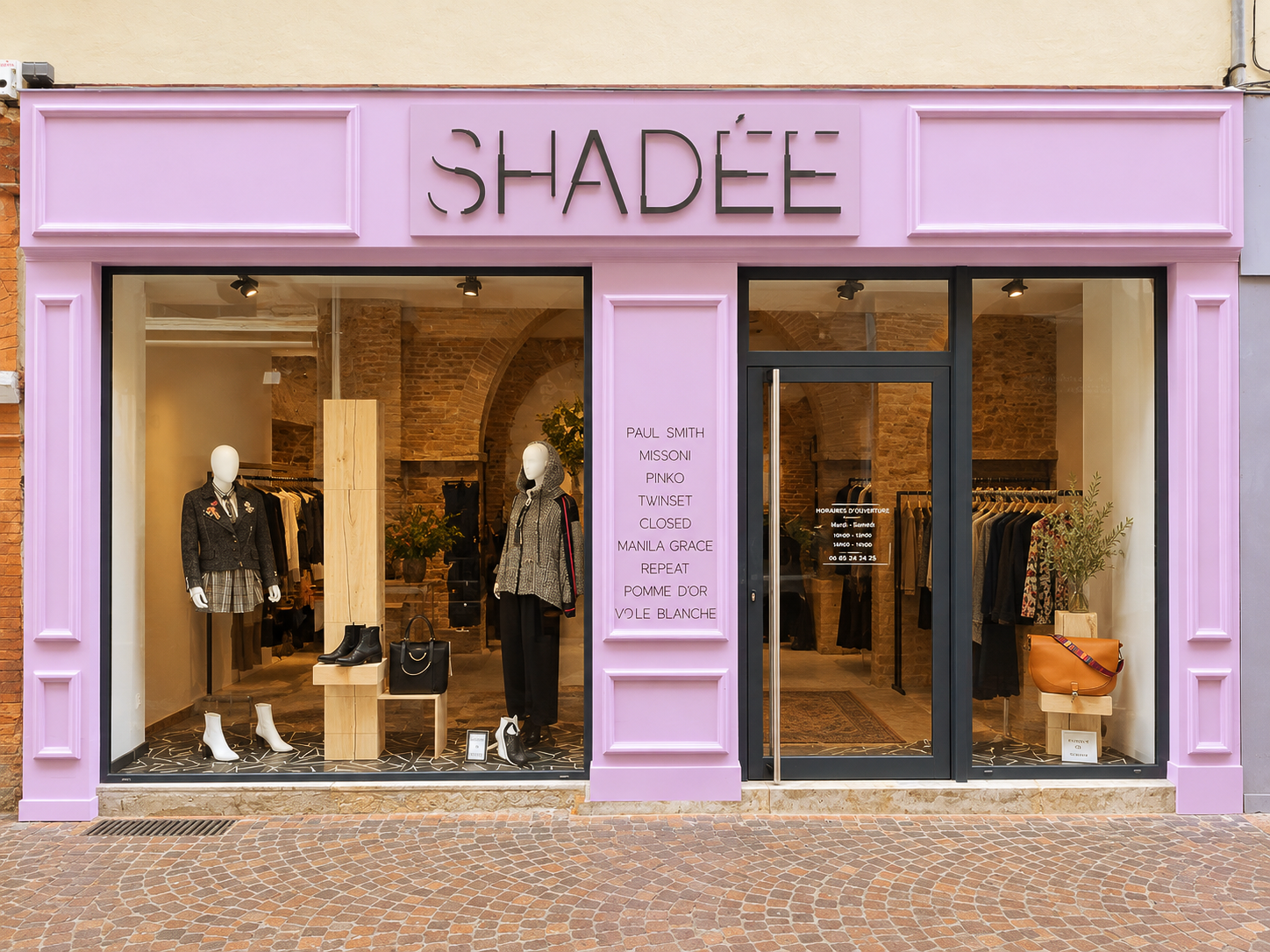 Boutique de mode SHADÉE, façade rose pastel, avec vêtements et chaussures dans une vitrine élégante