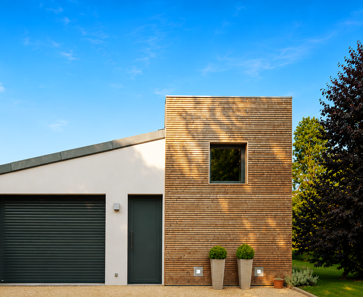 Garage moderne avec une tour revêtue de panneaux de bois. Le garage possède une porte et un volet gris et donne sur une allée de gravier.
