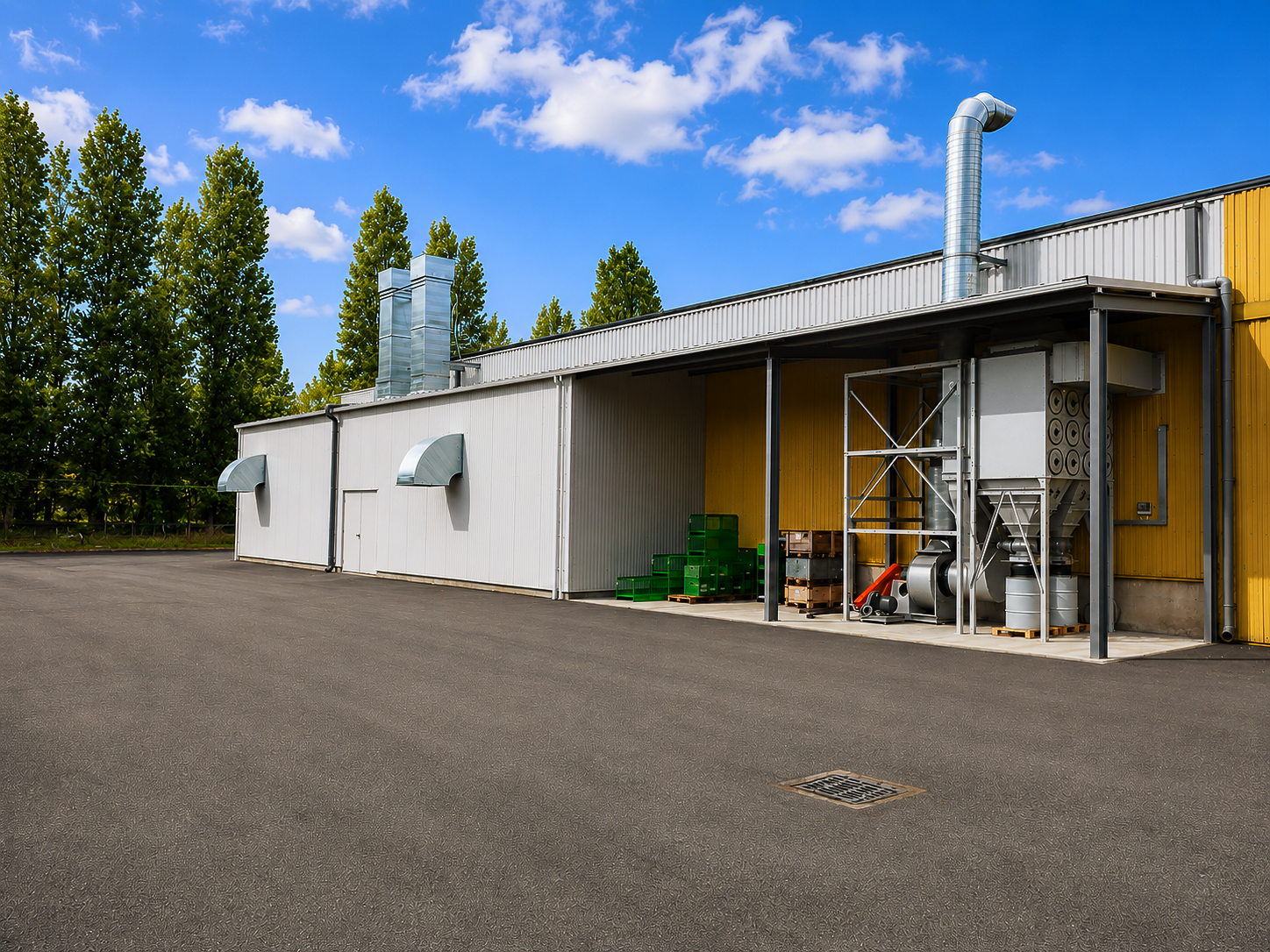 Bâtiment industriel avec cheminées d'évacuation, ventilation et façade grise.