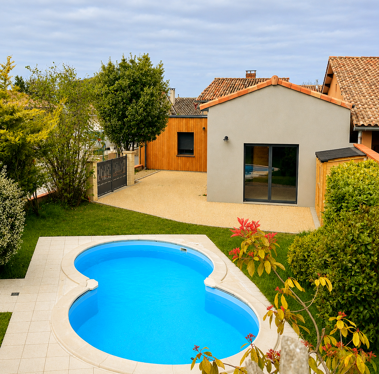 Une maison avec une piscine dans le jardin. La maison est gris clair avec un toit rouge.