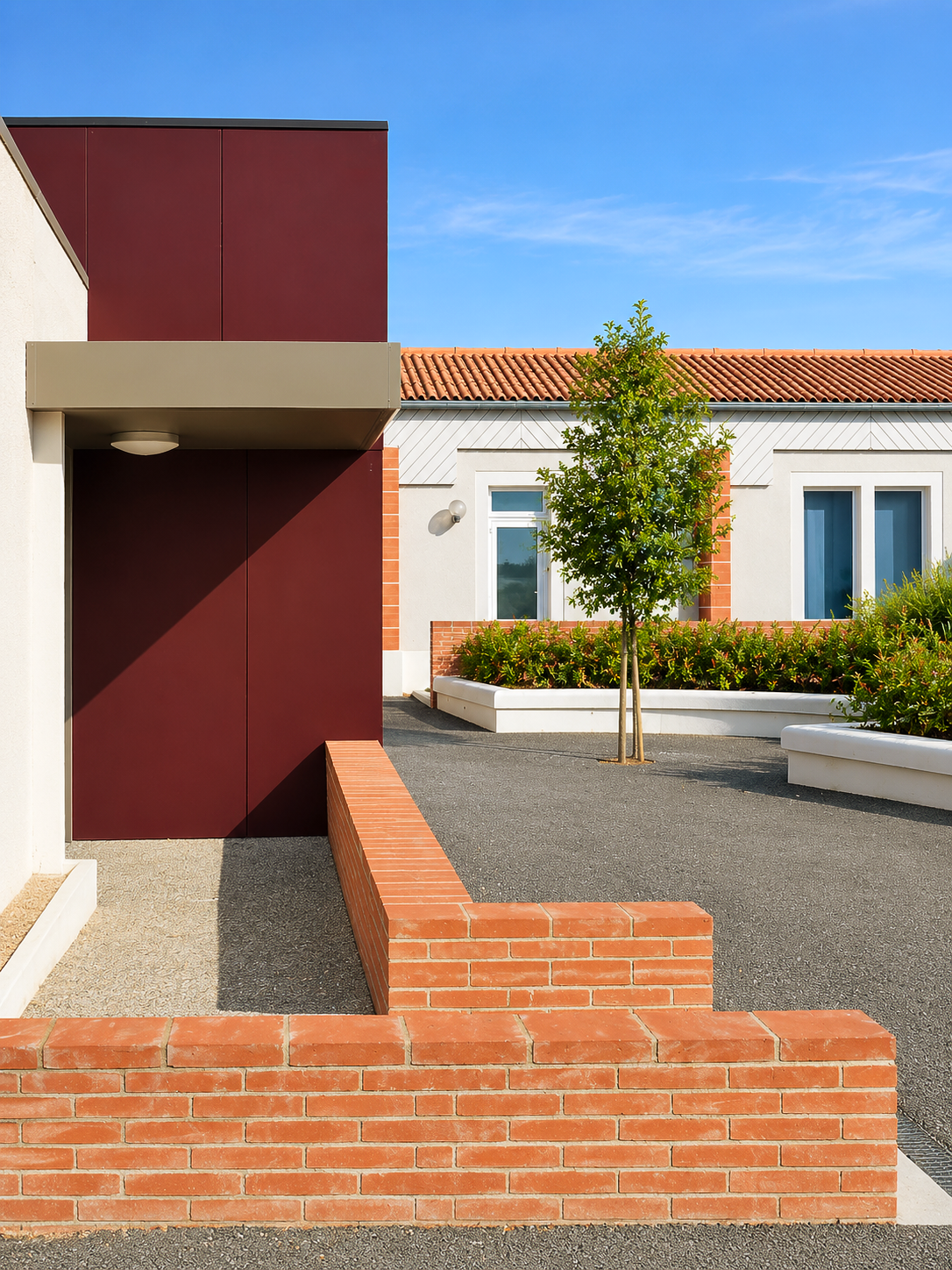 Bâtiment moderne aux murs blancs et bordeaux, cour goudronnée, murets en briques rouges et arbres