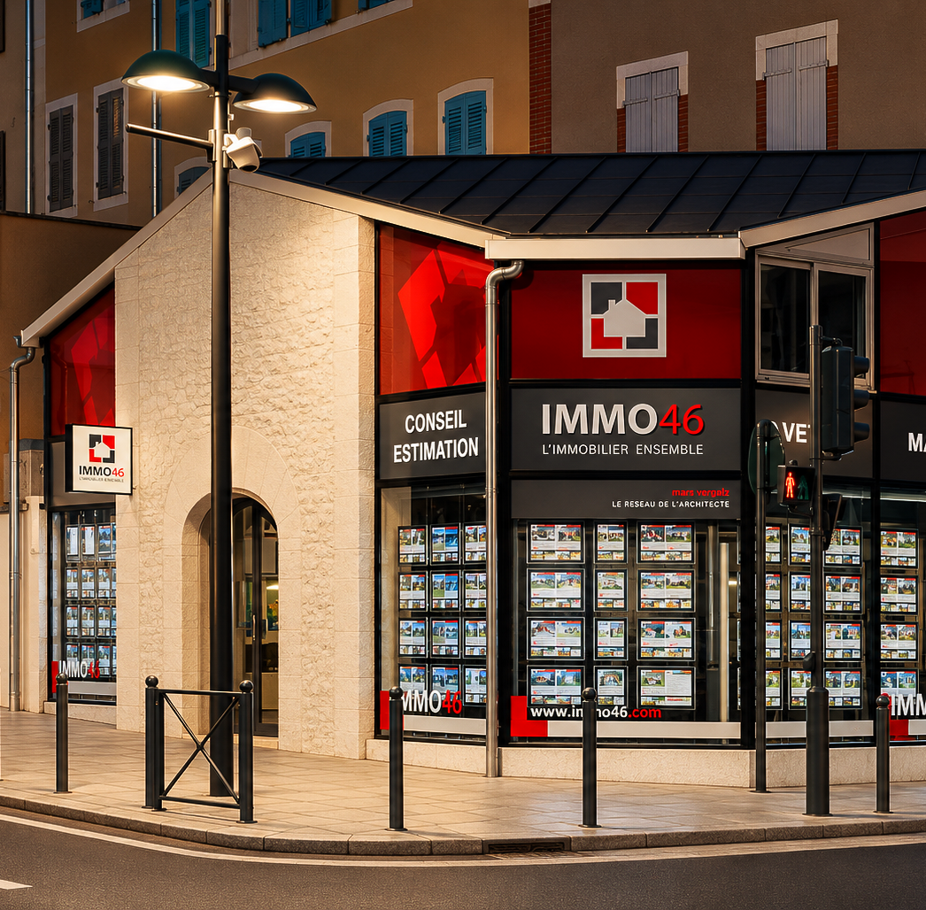 Façade de l'agence immobilière IMMO46 avec annonces de biens. Accents rouges et gris, vitrines.