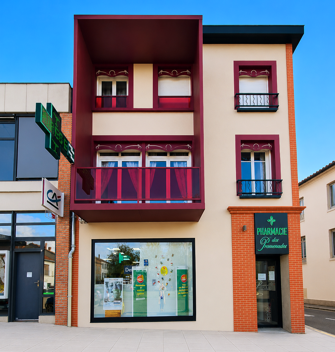 Bâtiment commercial coloré avec des balcons bordeaux, des touches de brique et de grandes vitrines donnant sur la rue.