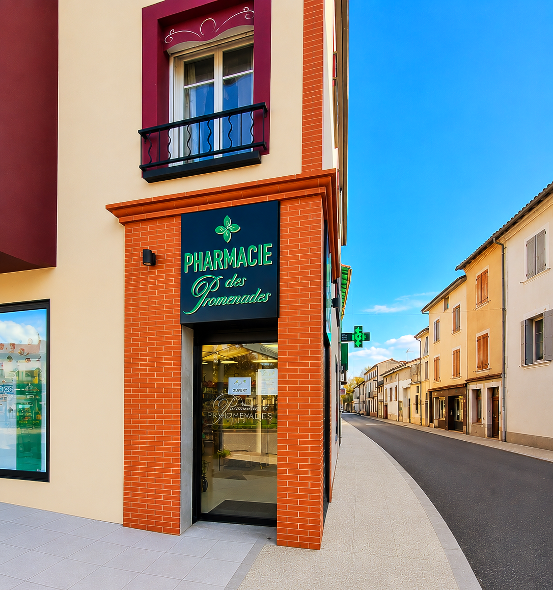 Devanture colorée avec une enseigne verte dans une rue étroite, bordée de bâtiments couleur crème, sous un ciel bleu