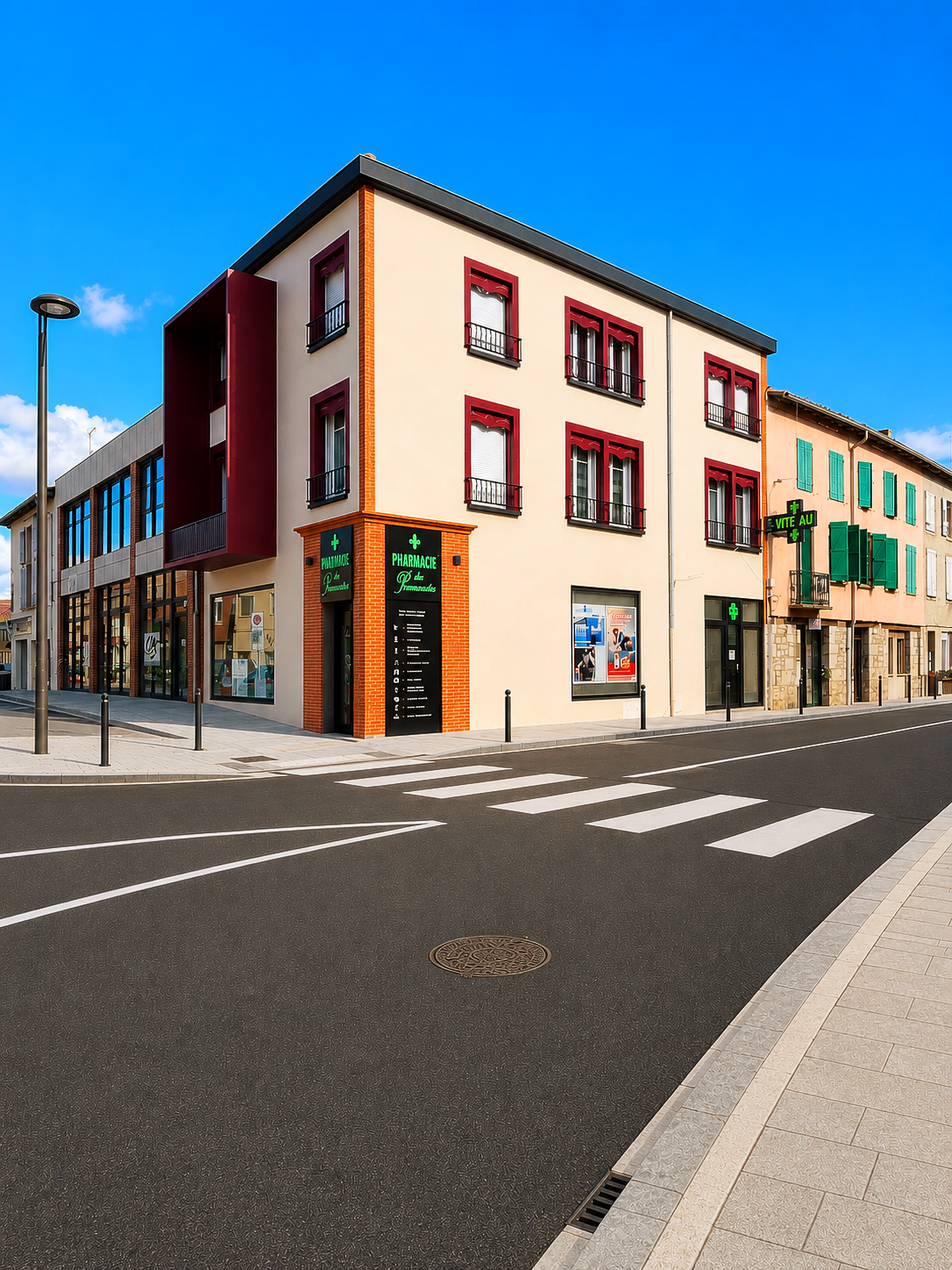 Immeuble d’angle dans une rue ensoleillée, avec des fenêtres encadrées de rouge, un passage piéton et un ciel bleu