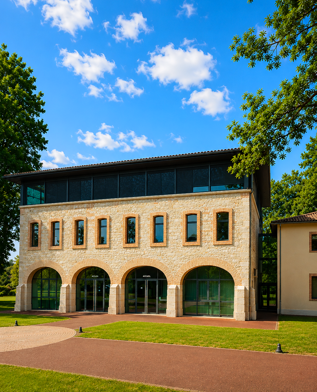 Bâtiment en pierre avec des fenêtres cintrées en verre au rez-de-chaussée et des fenêtres rectangulaires aux étages supérieurs.