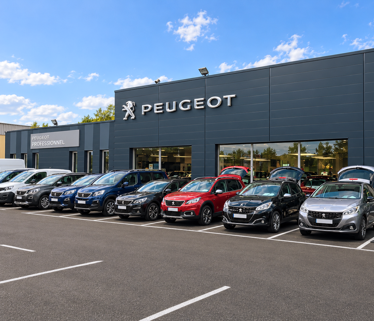 Concession Peugeot moderne rénovée avec voitures exposées, façade bleu foncé et ciel bleu nuageux
