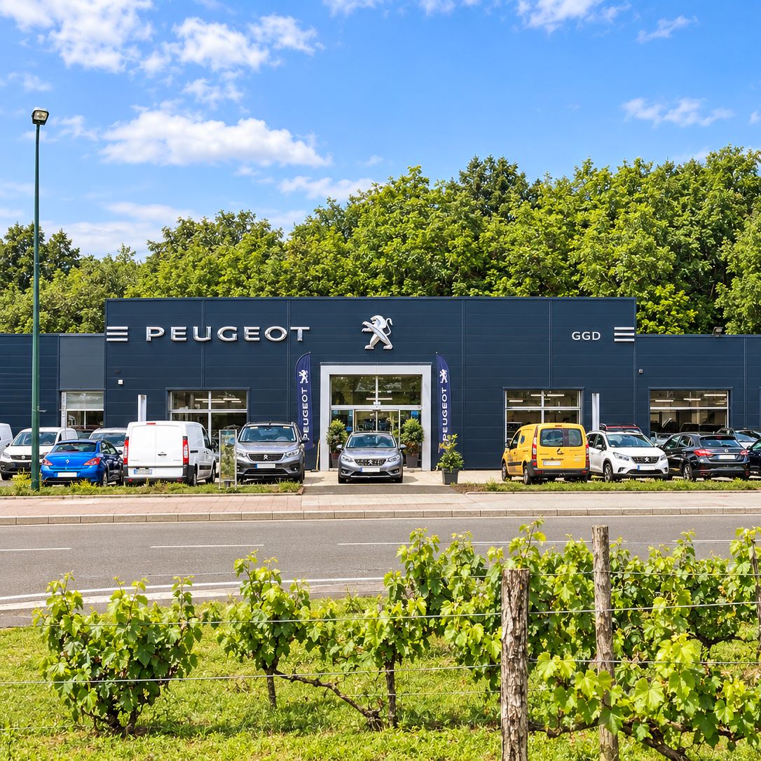 Concession Peugeot GGD bleu foncé, véhicules exposés devant le bâtiment, ciel bleu nuageux et vigne