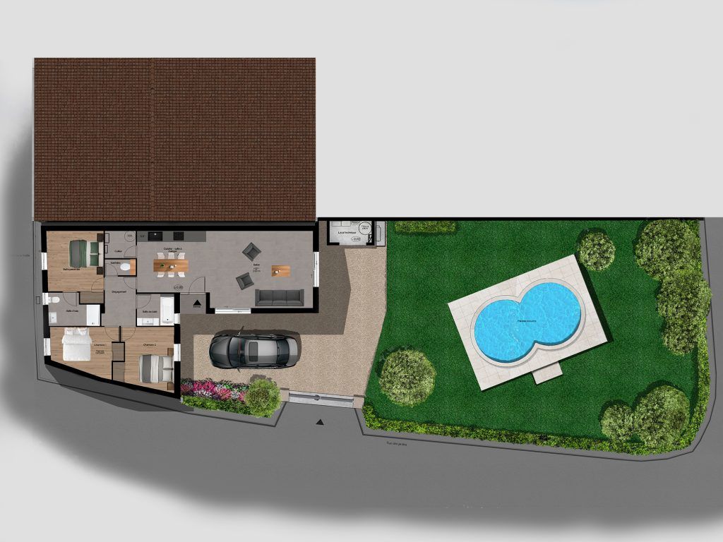 Plan d'une maison avec piscine dans le jardin et allée carrossable avec voiture garée devant.