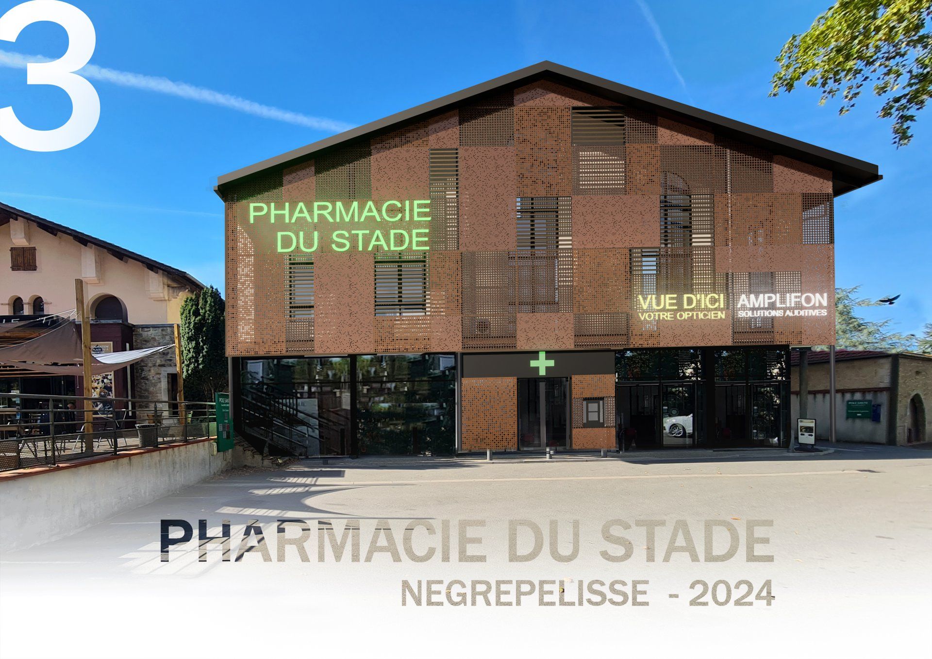 Façade d'un bâtiment de pharmacie avec un design en métal perforé, enseigne Pharmacie du Stade , croix verte, Negrepelisse - 2024.