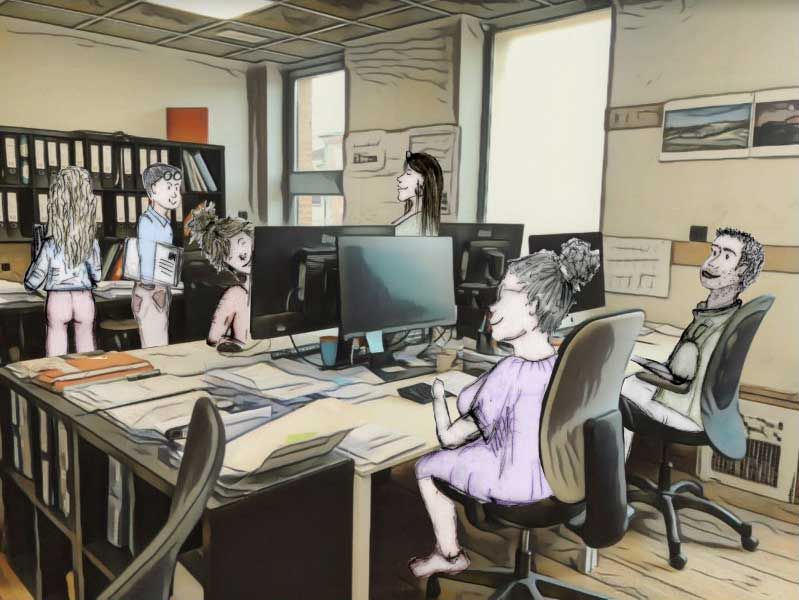 Scène de bureau : des personnes sont assises à leurs bureaux, certaines regardent des ordinateurs, d’autres discutent. Éclairage clair et neutre.