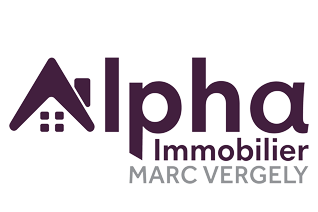 Logo pour Alpha Immobilier : Une icône de maison à côté de Alpha, Immobilier et Marc Vergely..