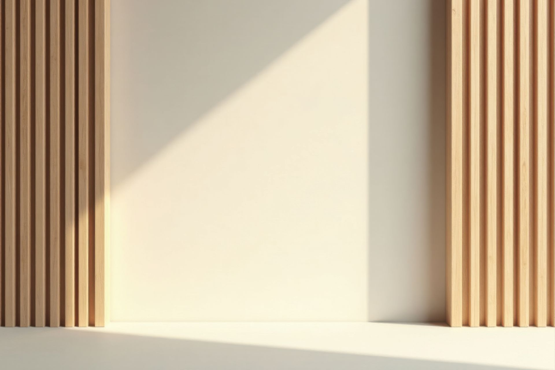 Mur beige avec des lattes de bois verticales, éclairé par la lumière du soleil.