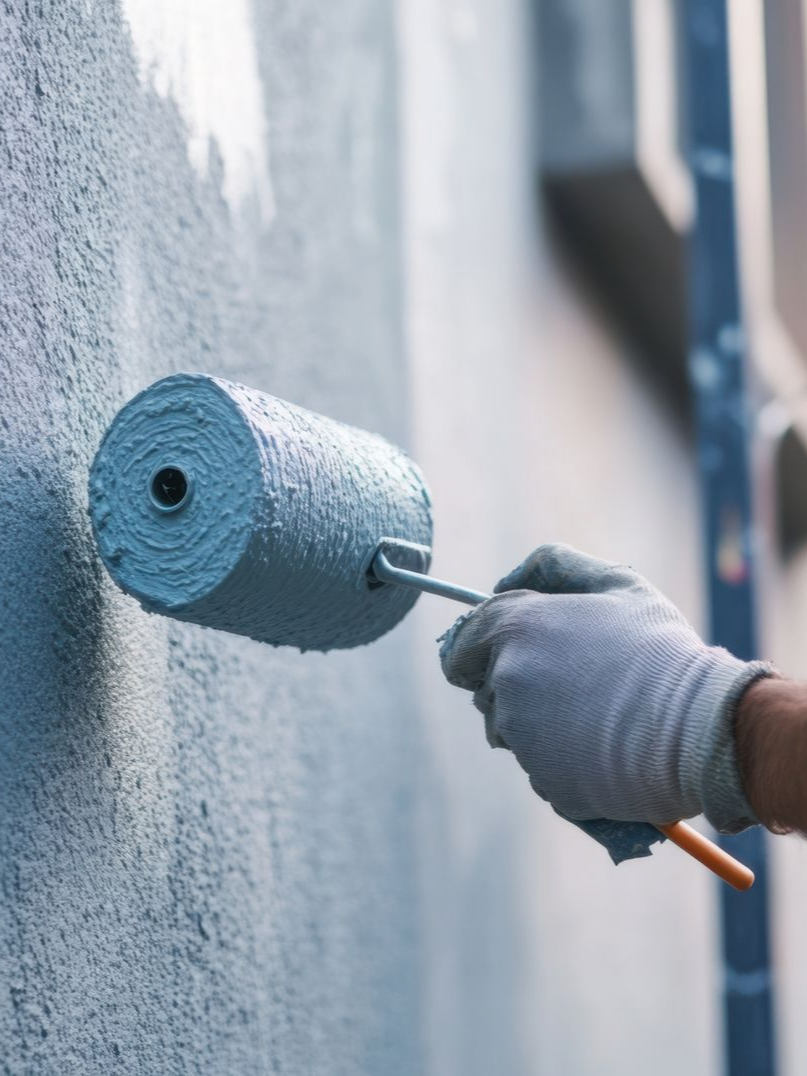 Personne portant des gants utilisant un rouleau à peinture sur un mur texturé, appliquant de la peinture bleu clair.