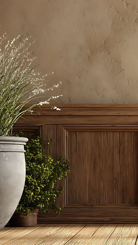 Grande plante en pot à côté d'un buisson plus petit sur un plancher en bois, à côté de boiseries et d'un mur texturé.