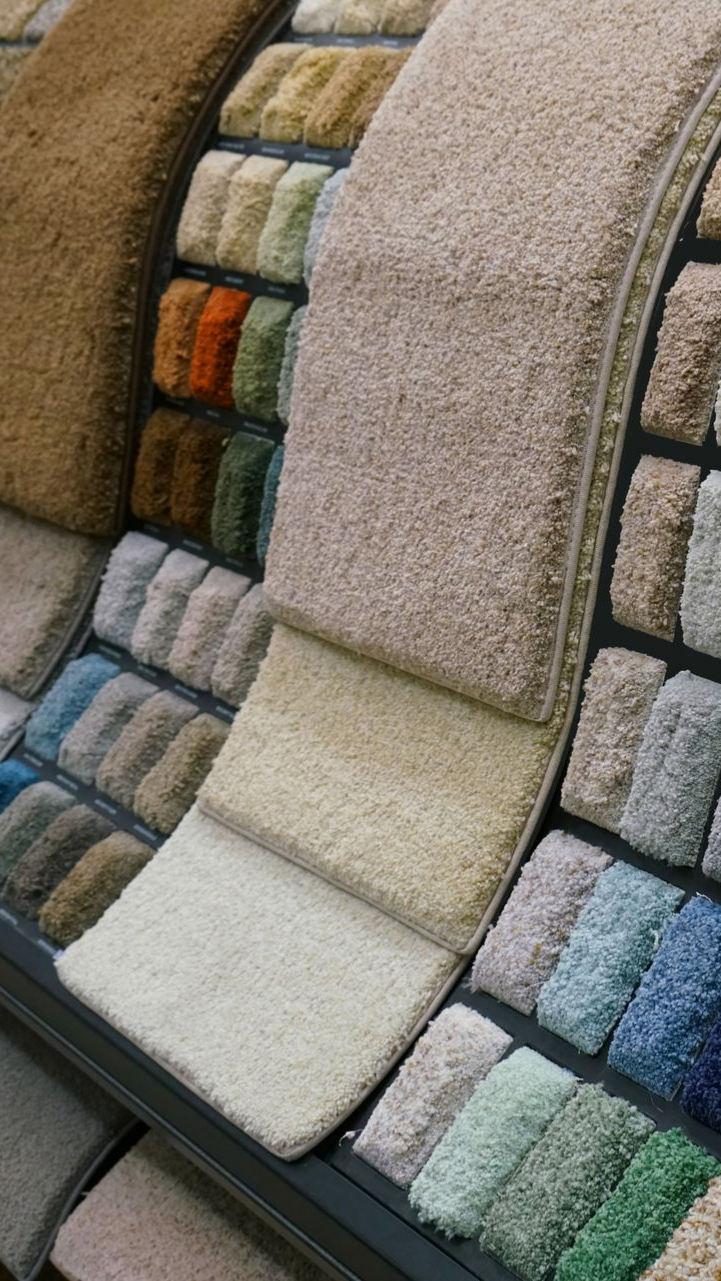 Échantillons de tapis de différentes couleurs exposés sur un présentoir, montrant la texture et les teintes.