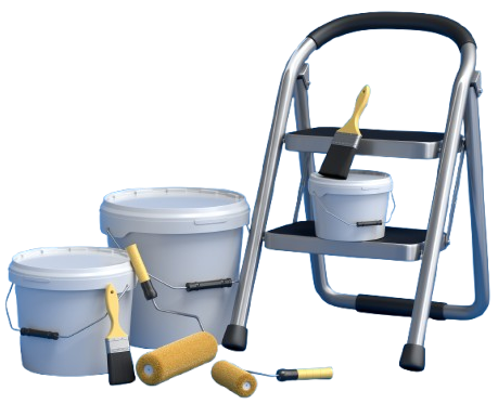 Des seaux de peinture, des pinceaux, des rouleaux et un escabeau : fournitures pour peindre.