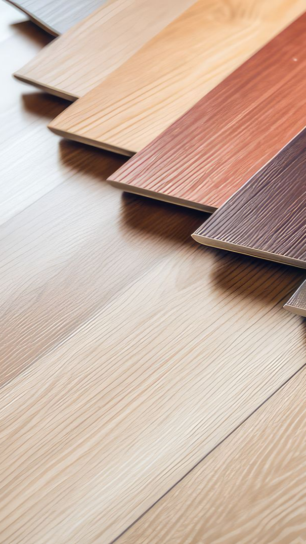 Échantillons de parquet dans différentes nuances de brun et de beige, disposés en éventail sur un plancher en bois.