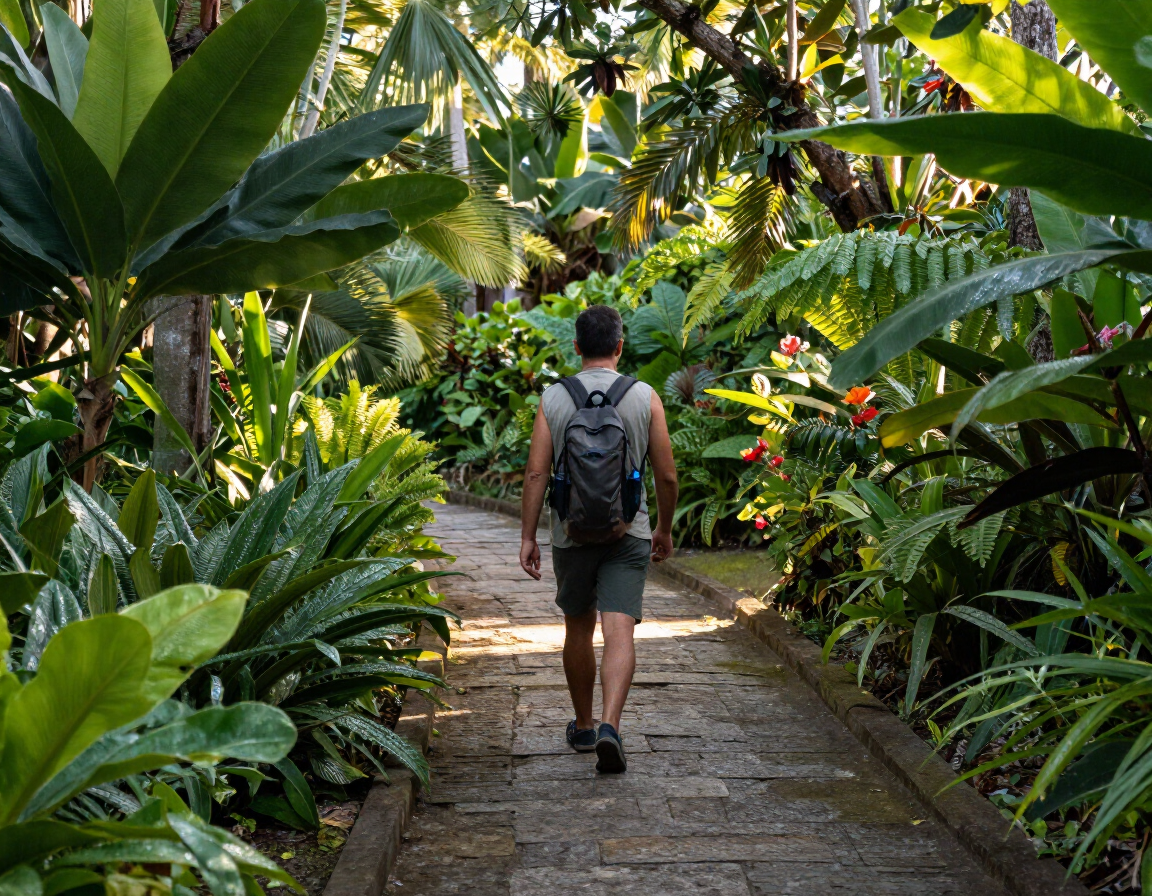Traveler walking through a lush San Juan garden