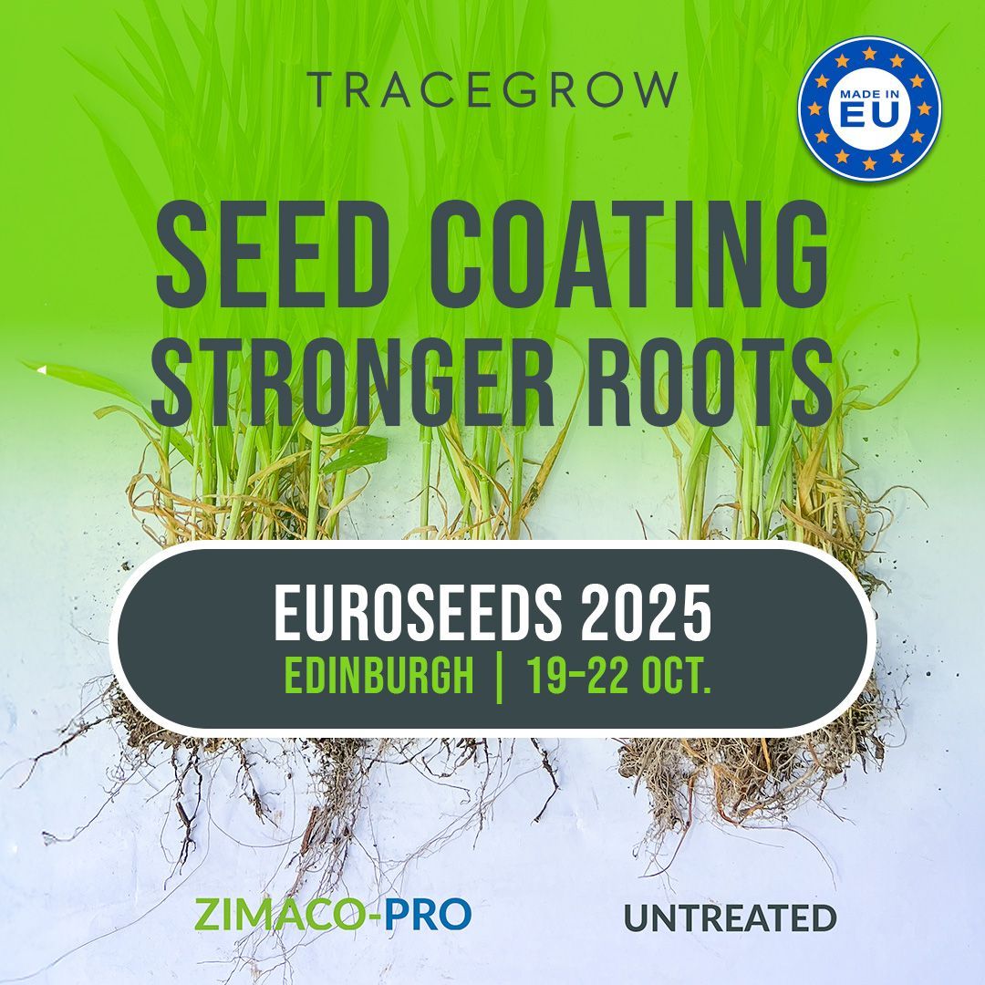 Tracegrow EU-made seed coating showing stronger root growth in treated plants at Euroseeds 2025.