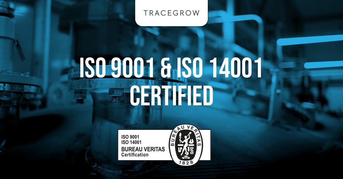 Tracegrow banner featuring a factory worker overseeing technology and a checkmark icon, symbolising consistent quality through advanced processes and circular economy practices.