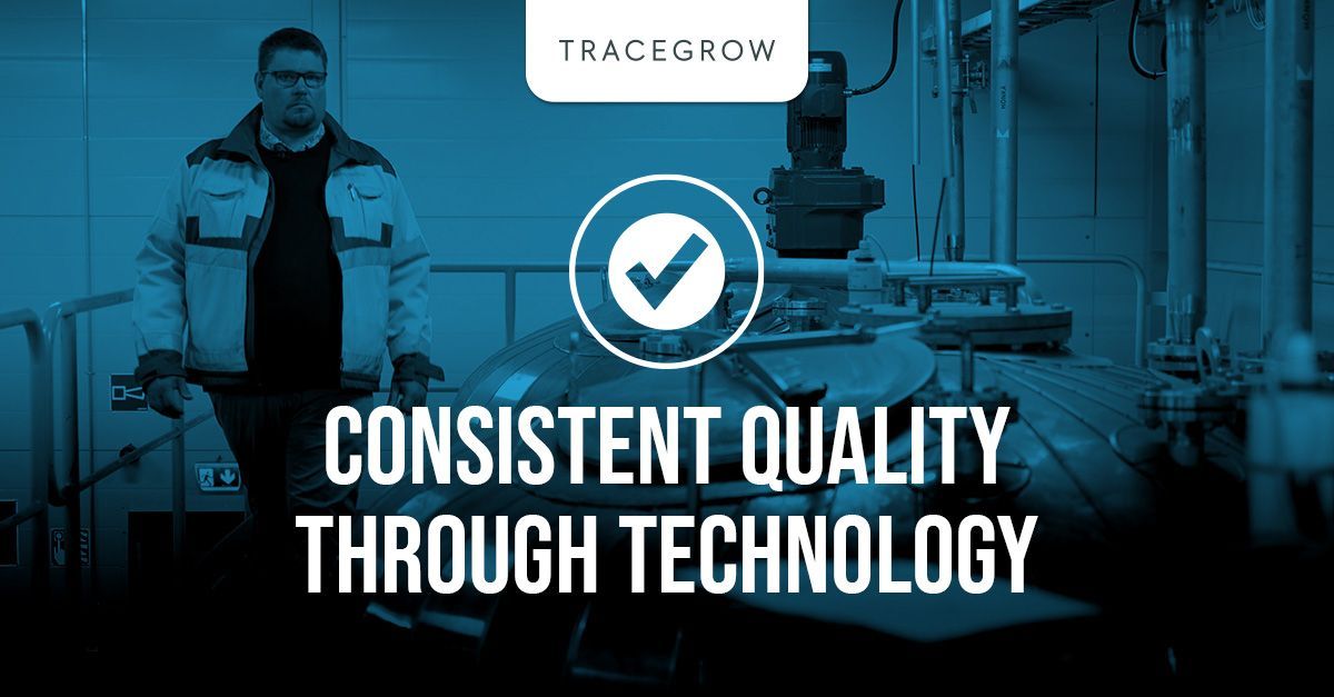 Tracegrow banner featuring a factory worker overseeing technology and a checkmark icon, symbolising consistent quality through advanced processes and circular economy practices.