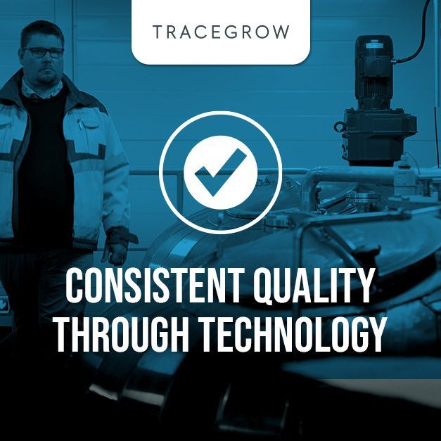 Tracegrow banner featuring a factory worker overseeing technology and a checkmark icon, symbolising 