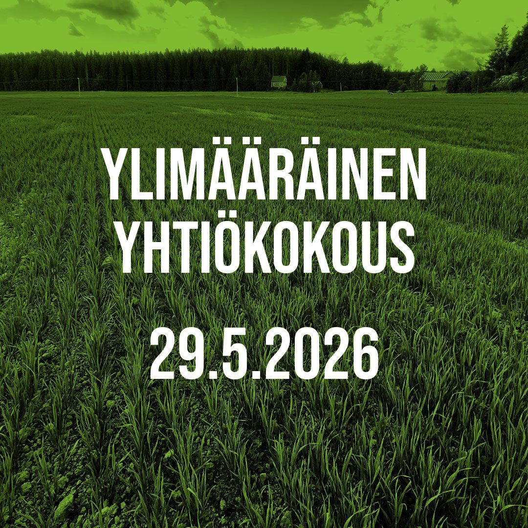 Tracegrow Oy:n ylimääräisen yhtiökokouksen 29.5.2026 ilmoituskuva, vihreä viljapelto ja kokouksen pä