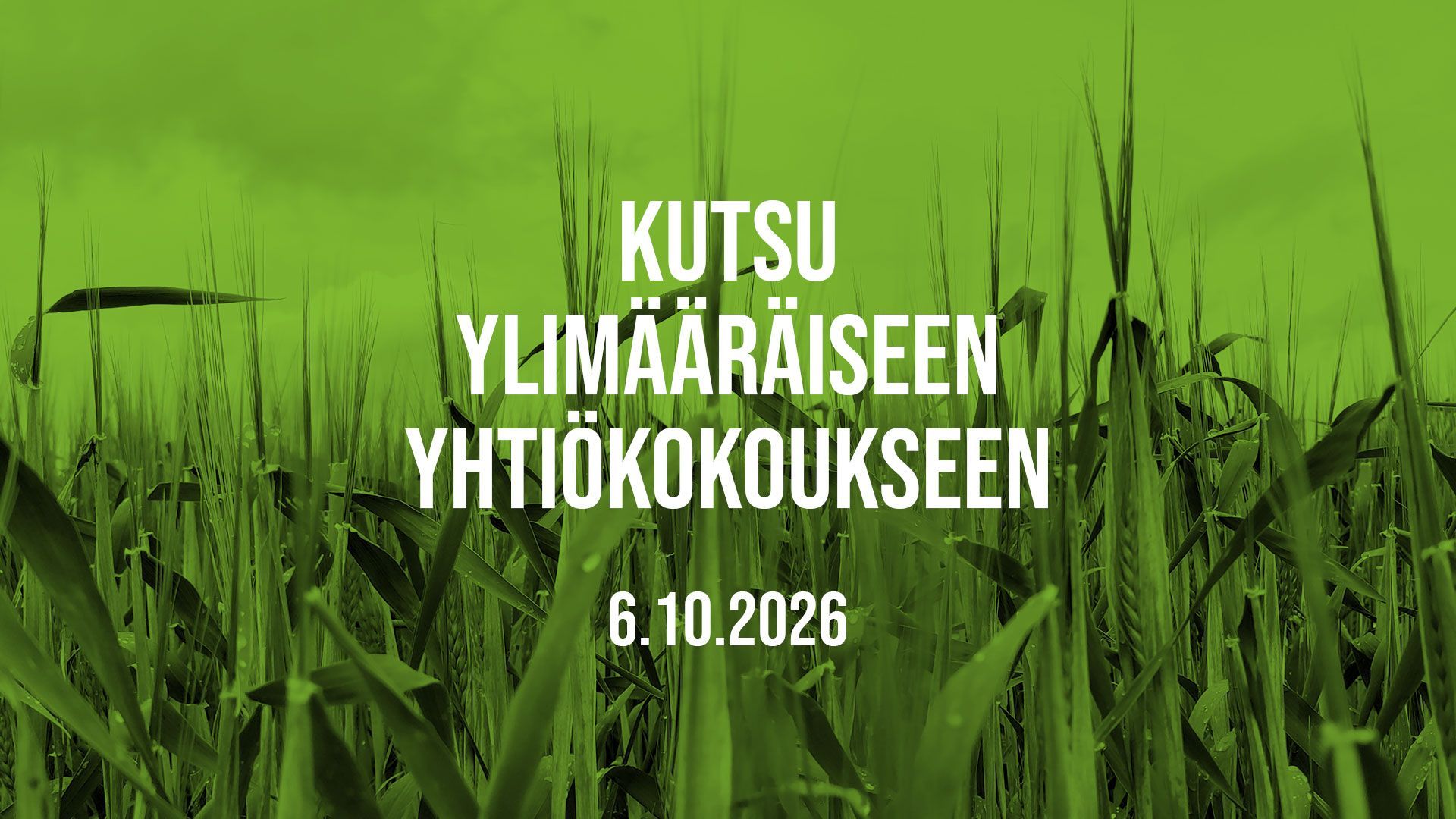 Kutsu Tracegrow Oy:n ylimääräiseen yhtiökokoukseen 6.10.2026 vihreällä viljapeltotaustalla.