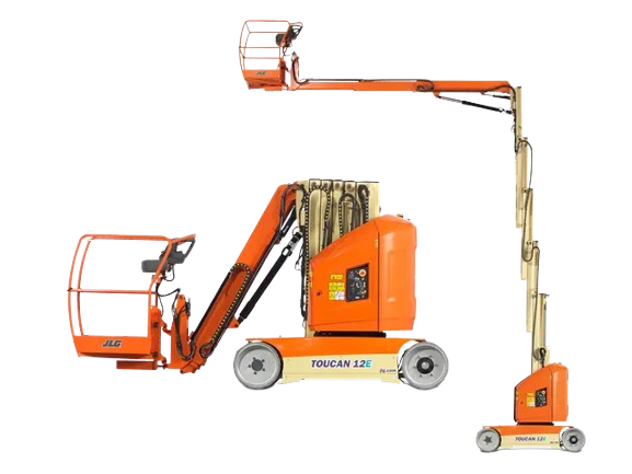 Nacelle élévatrice articulée électrique Toucan T12E+, de couleur orange, compacte, avec bras télescopique et plateforme de travail en hauteur.