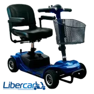 Un scooter de movilidad azul con una cesta adjunta.