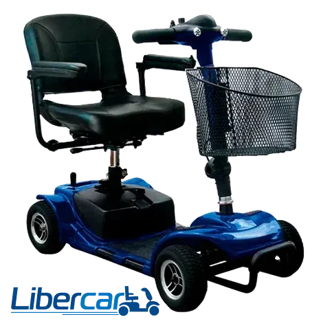 Un scooter de movilidad azul con una cesta adjunta.