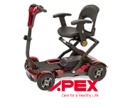 Un scooter de movilidad Apex rojo con un asiento negro