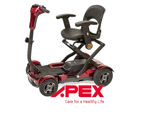 Un scooter de movilidad Apex rojo con un asiento negro