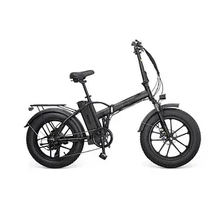 Una bicicleta eléctrica plegable negra con un neumático grande sobre un fondo blanco.
