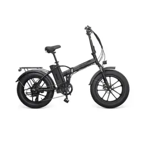 Una bicicleta eléctrica plegable negra con un neumático grande sobre un fondo blanco.
