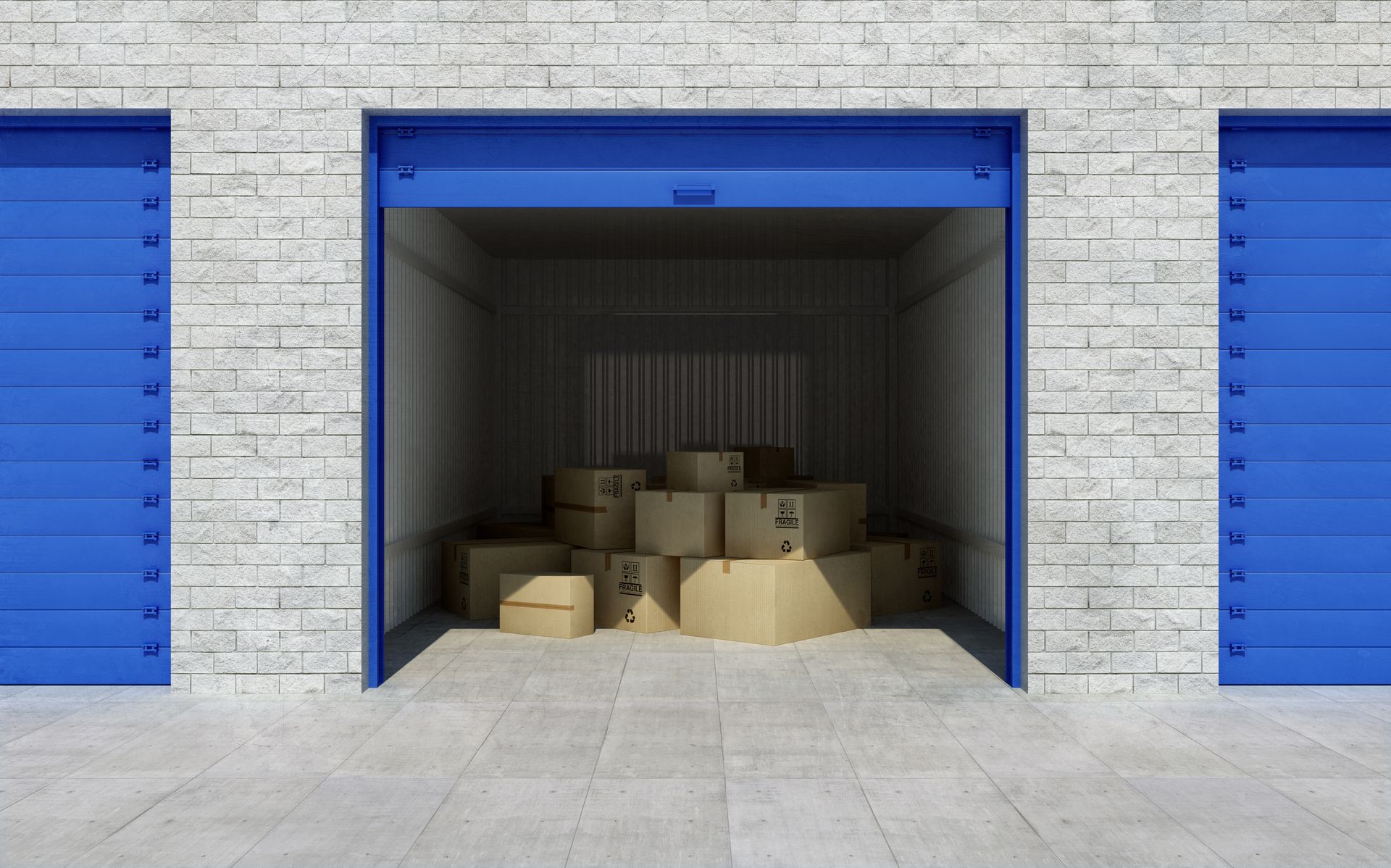 Unité de stockage bleue avec porte ouverte, laissant apparaître des cartons empilés à l'intérieur.