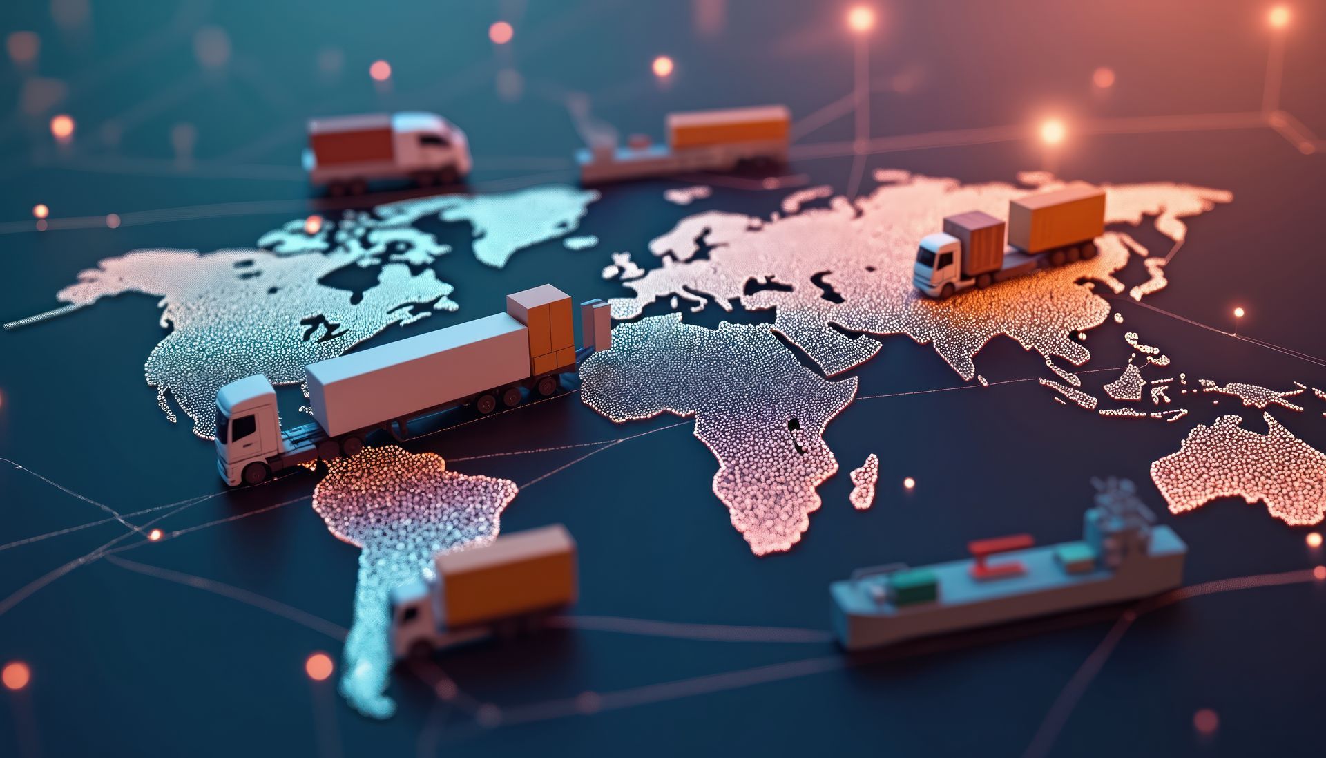 Des camions miniatures sur une carte du monde lumineuse, montrant les routes maritimes mondiales à travers les continents.