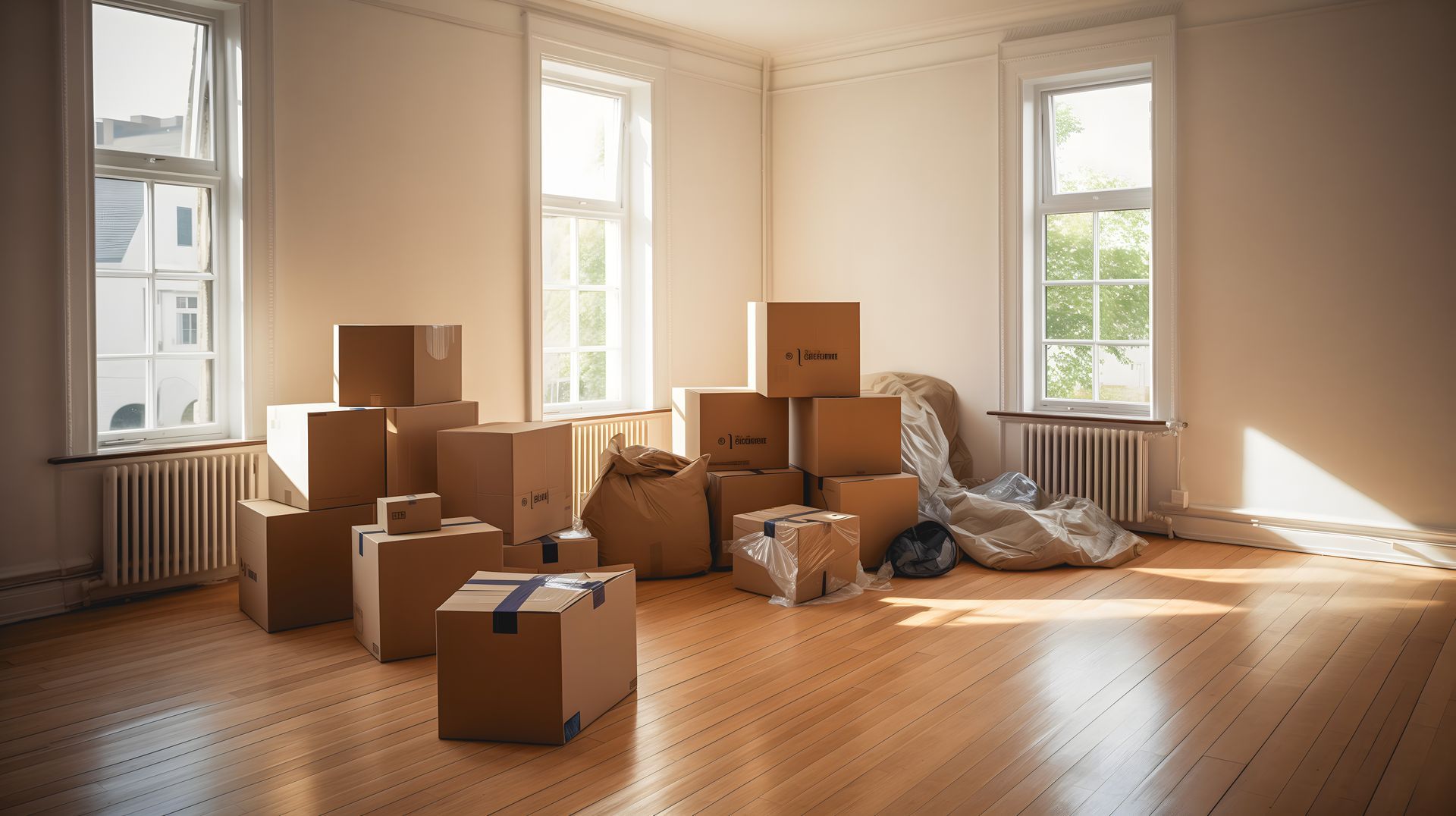 Pièce vide et ensoleillée avec des cartons de déménagement empilés et un matelas posé à même le sol