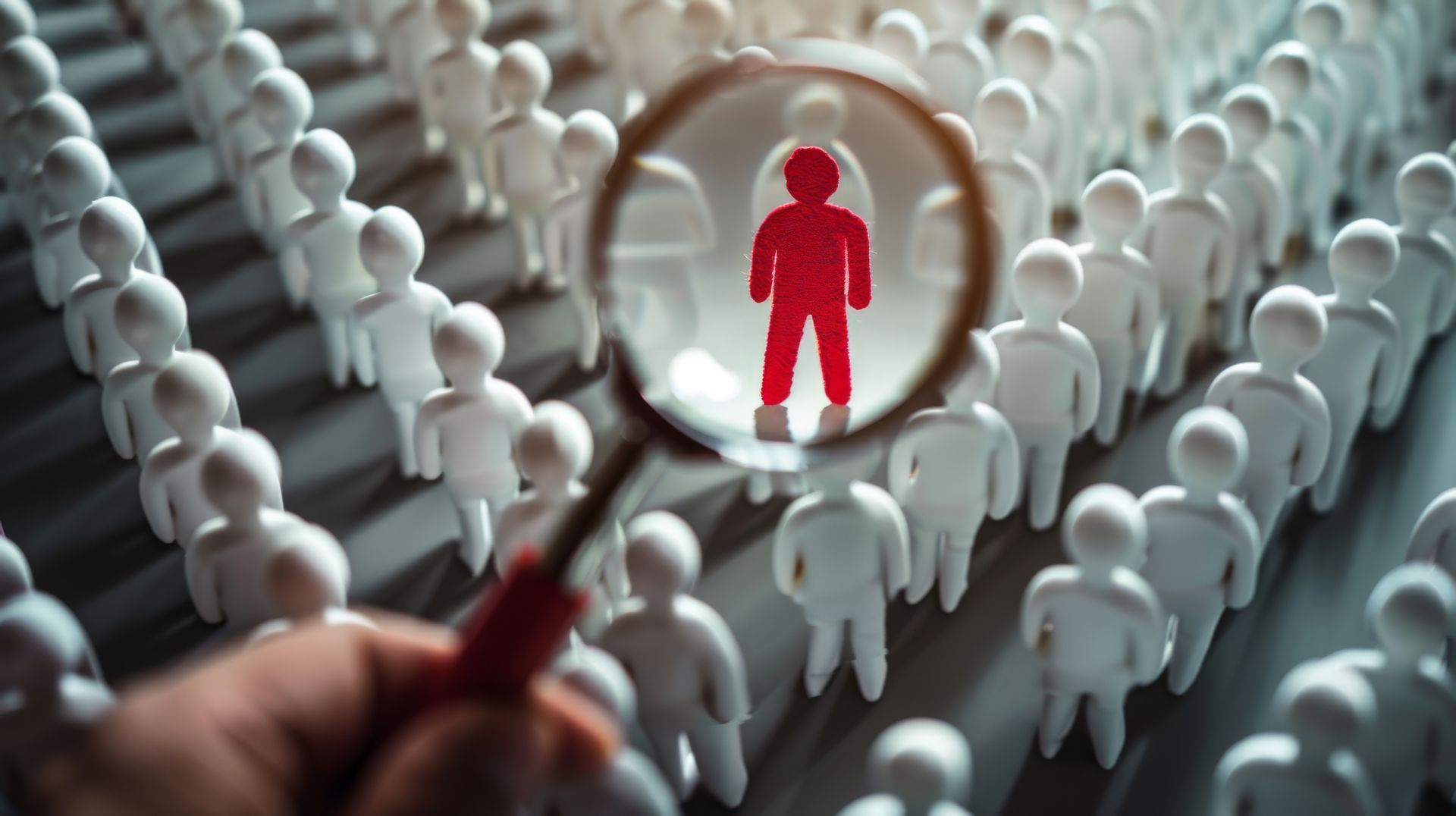 Eine Person hält eine Lupe über eine Gruppe von Menschen.