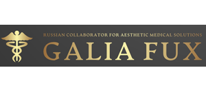 Logo di Galia Fux, collaboratrice russa per soluzioni di medicina estetica. Include il simbolo del caduceo dorato.