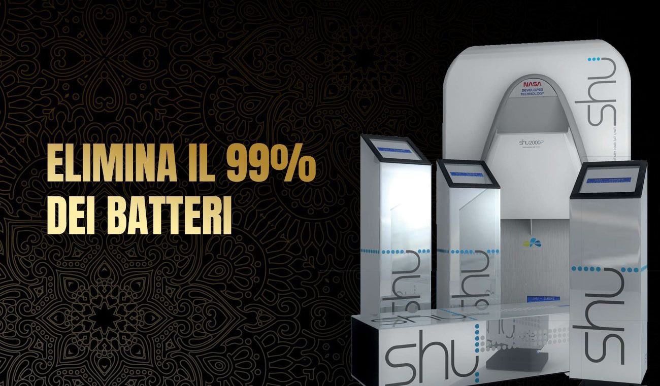 Una pubblicità di un prodotto che mostra diversi dispenser SHU bianchi con la scritta