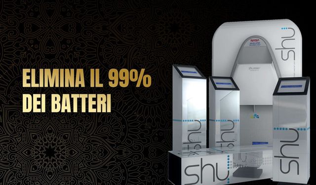 Una pubblicità di un prodotto che mostra diversi dispenser SHU bianchi con la scritta 