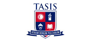 Logo della scuola TASIS con scudo contenente sole, torre, lanterna e libro; striscione 