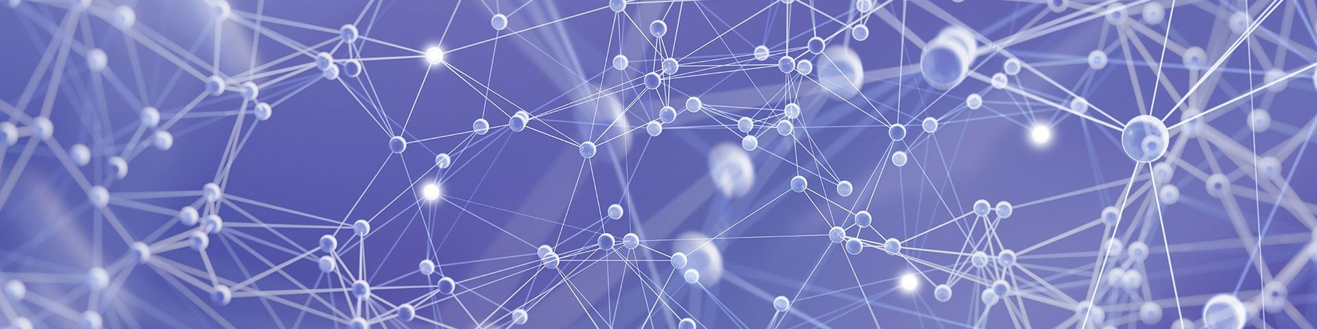 Immagine astratta di una rete di sfere collegate da linee su uno sfondo blu.