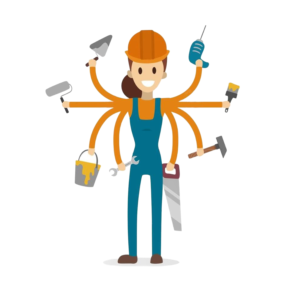 Ouvrier du bâtiment aux bras multiples tenant des outils : perceuse, scie, rouleau à peinture, etc.