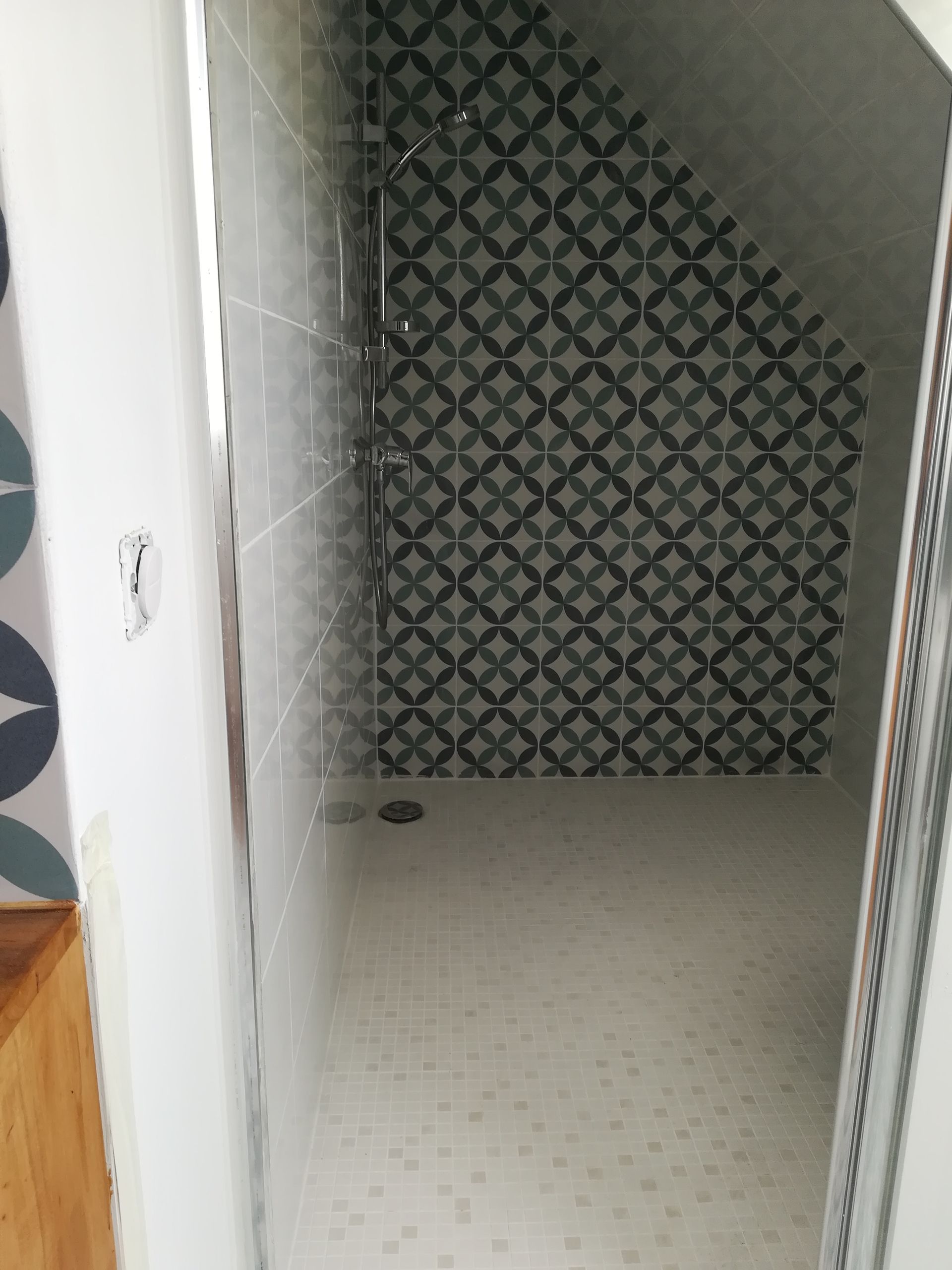 Une faïence murale avec des motifs géométriques dans une douche à l'italienne.
